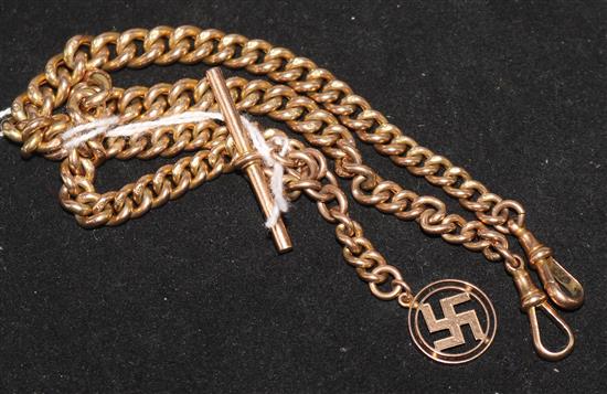 A 9ct gold curblink watch chain with swastika charm,